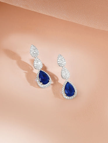 925 Fine Silver Rhodium Plated Blue Tear Drop Necklace Set