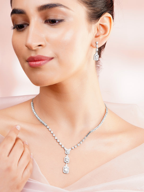 925 Fine Silver Rhodium Plated Cubic Drop Necklace Set
