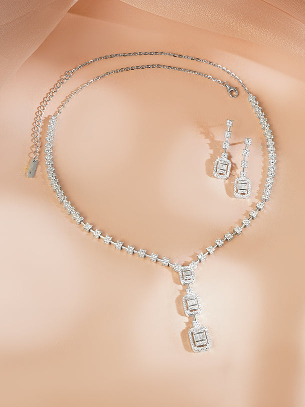 925 Fine Silver Rhodium Plated Cubic Drop Necklace Set
