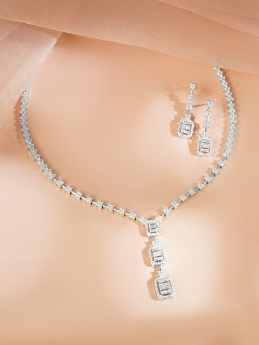 925 Fine Silver Rhodium Plated Cubic Drop Necklace Set