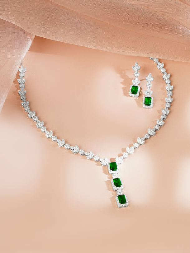 925 Fine Silver Rhodium Plated Cubic Drop Emerald Necklace Set