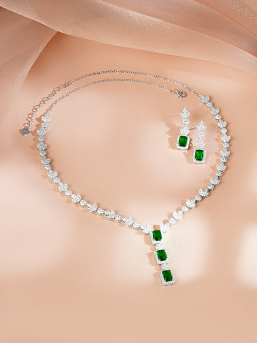 925 Fine Silver Rhodium Plated Cubic Drop Emerald Necklace Set