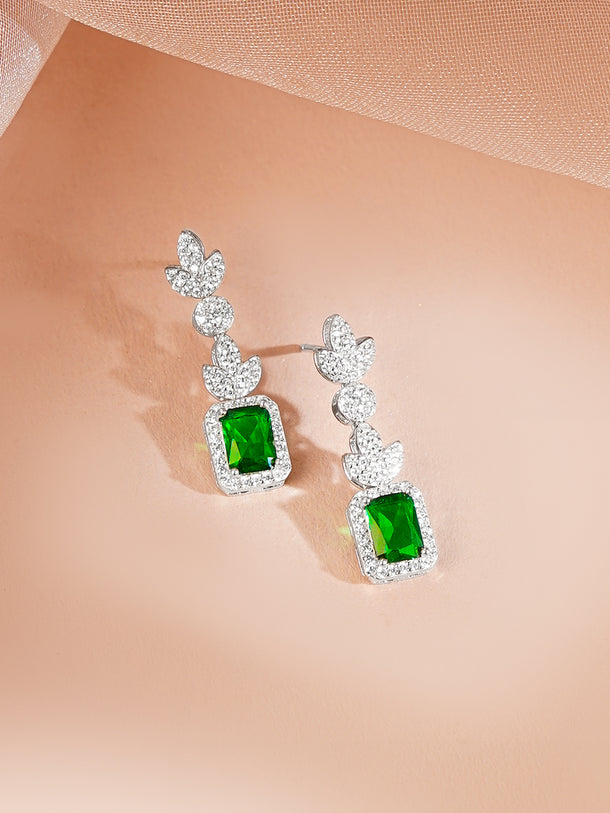 925 Fine Silver Rhodium Plated Cubic Drop Emerald Necklace Set