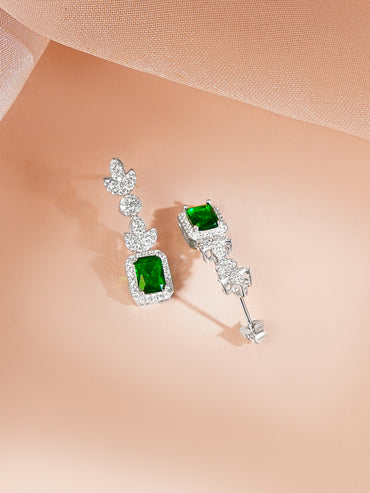 925 Fine Silver Rhodium Plated Cubic Drop Emerald Necklace Set