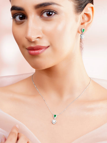 925 Fine Silver Rhodium Plated Heart Drop Emerald Necklace Set