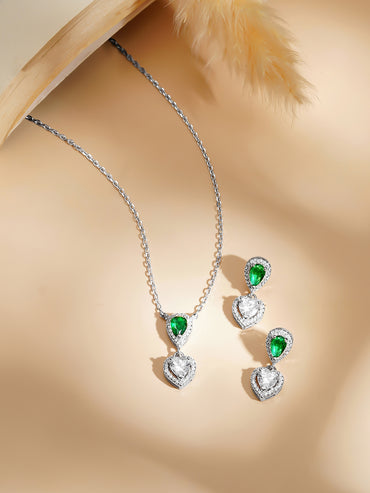 925 Fine Silver Rhodium Plated Heart Drop Emerald Necklace Set