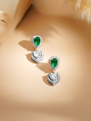 925 Fine Silver Rhodium Plated Heart Drop Emerald Necklace Set