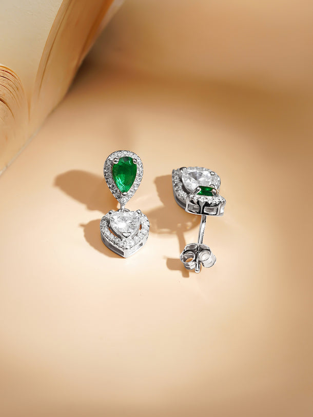 925 Fine Silver Rhodium Plated Heart Drop Emerald Necklace Set
