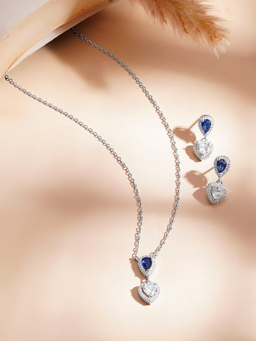925 Fine Silver Rhodium Plated Heart Drop Blue Sapphire Pendant Necklace Set
