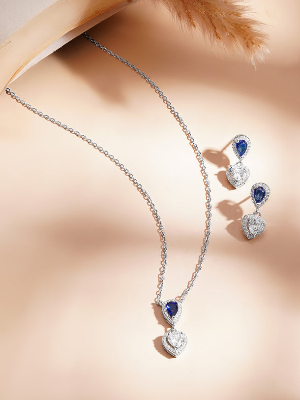 925 Fine Silver Rhodium Plated Heart Drop Blue Sapphire Pendant Necklace Set