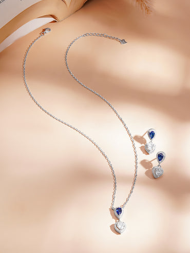 925 Fine Silver Rhodium Plated Heart Drop Blue Sapphire Pendant Necklace Set