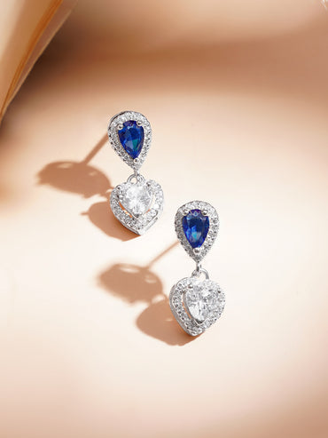 925 Fine Silver Rhodium Plated Heart Drop Blue Sapphire Pendant Necklace Set