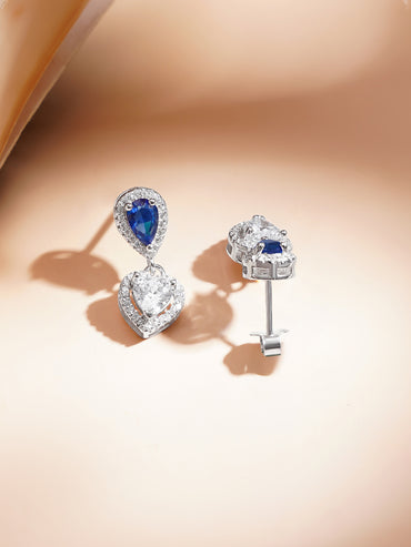 925 Fine Silver Rhodium Plated Heart Drop Blue Sapphire Pendant Necklace Set