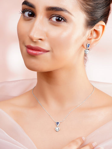 925 Fine Silver Rhodium Plated Heart Drop Blue Sapphire Pendant Necklace Set