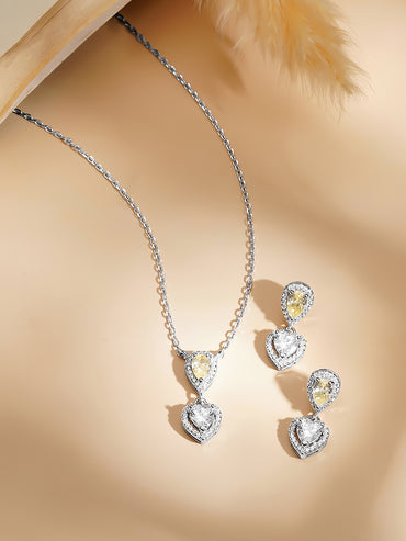 925 Fine Silver Rhodium Plated Heart Drop Yellow Citrine Necklace Set