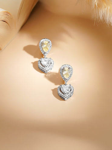 925 Fine Silver Rhodium Plated Heart Drop Yellow Citrine Necklace Set