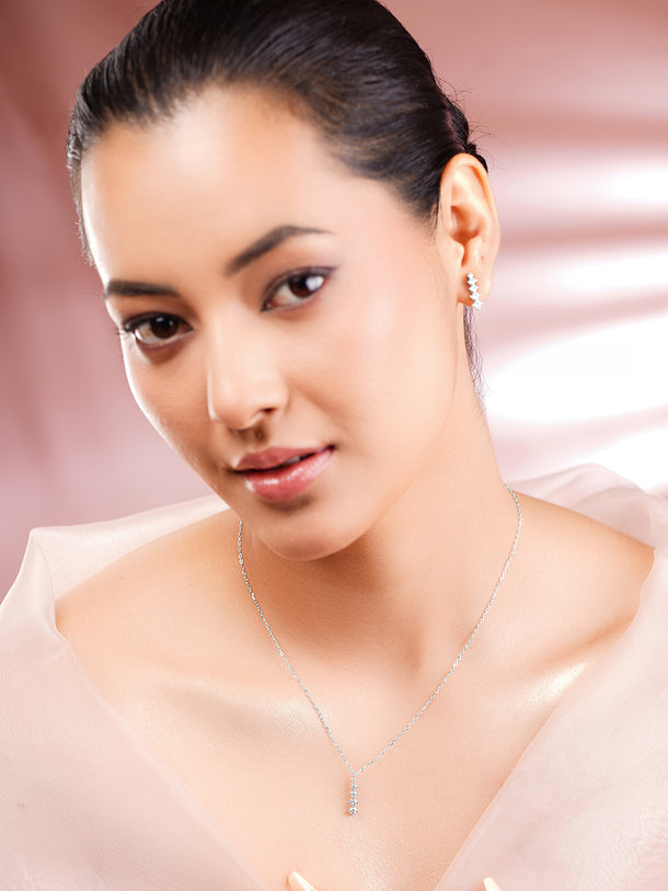 925 Fine Silver Rhodium Plated AD Marquise Drop Necklace Set
