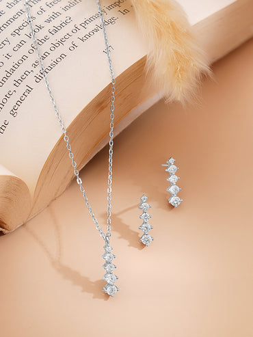 925 Fine Silver Rhodium Plated AD Marquise Drop Necklace Set