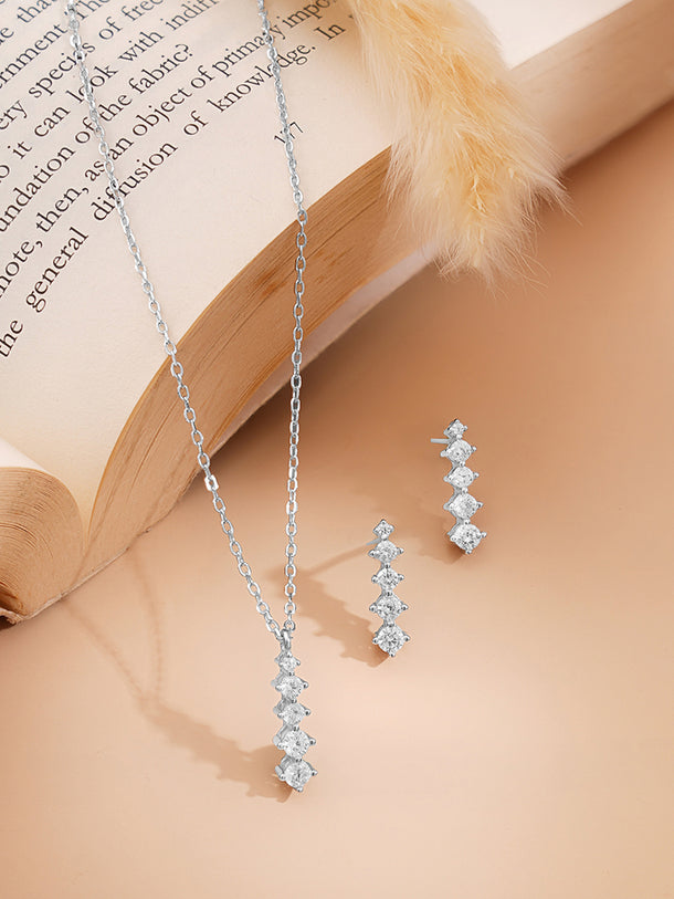 925 Fine Silver Rhodium Plated AD Marquise Drop Necklace Set