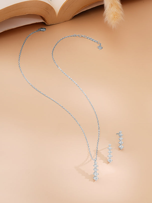 925 Fine Silver Rhodium Plated AD Marquise Drop Necklace Set