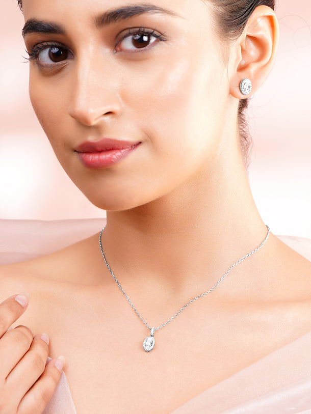 925 Fine Silver Cubic Zirconia Classic Oval Pendant Necklace Set