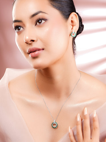 925 Fine Silver Rhodium Plated Emerald AD Circle Charm Pendent Set