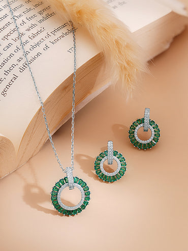 925 Fine Silver Rhodium Plated Emerald AD Circle Charm Pendent Set