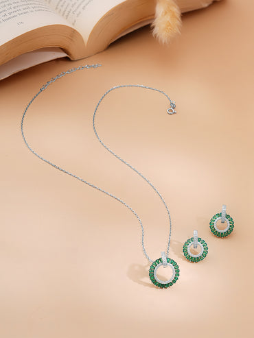 925 Fine Silver Rhodium Plated Emerald AD Circle Charm Pendent Set