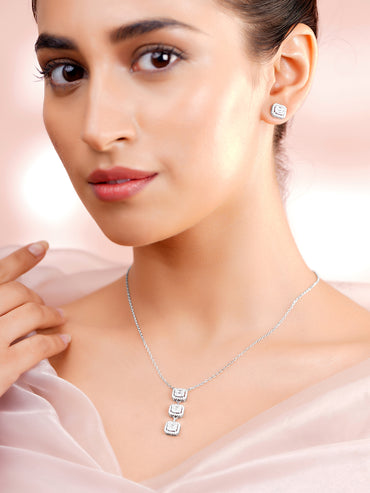 925 Fine Silver Rhodium Plated Cubic Charm Necklace Set