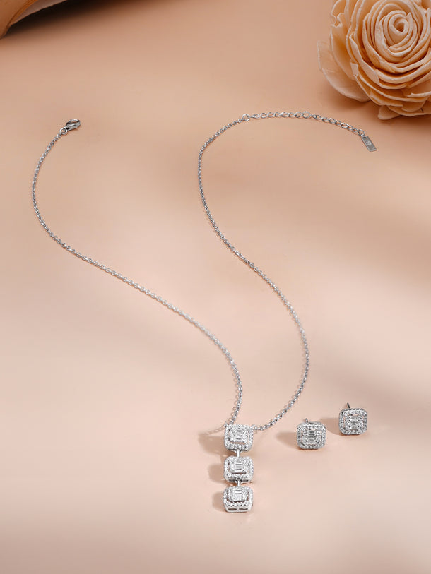 925 Fine Silver Rhodium Plated Cubic Charm Necklace Set
