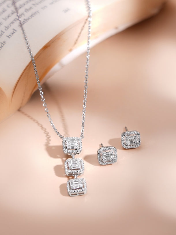 925 Fine Silver Rhodium Plated Cubic Charm Necklace Set