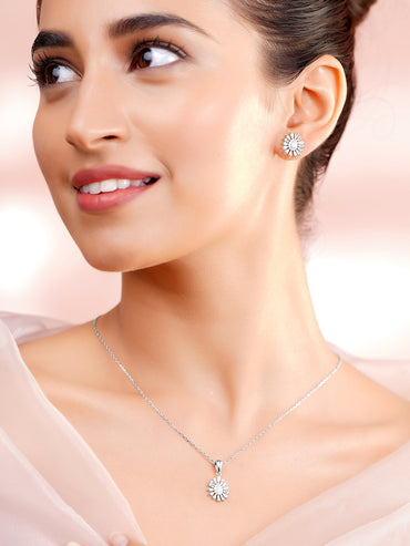925 Fine Silver Rhodium Plated Floral Charm Necklace Set