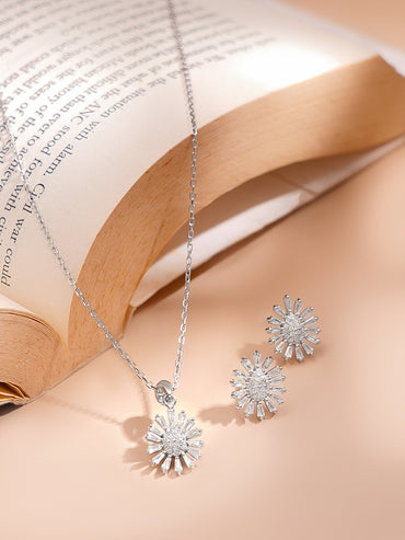 925 Fine Silver Rhodium Plated Floral Charm Necklace Set