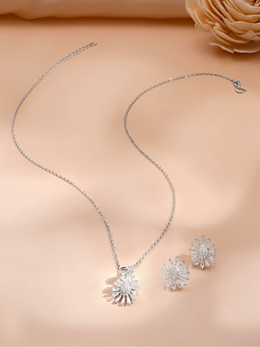 925 Fine Silver Rhodium Plated Floral Charm Necklace Set