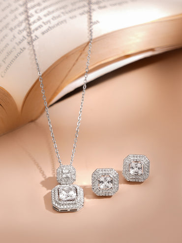 925 Fine Silver Rhodium Plated Cubic Charm Necklace Set