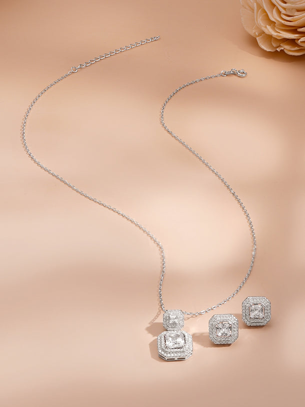925 Fine Silver Rhodium Plated Cubic Charm Necklace Set