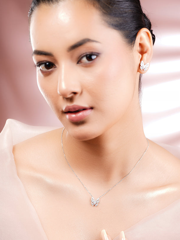 925 Fine Silver Rhodium Plated Cubic Zirconia Butterfly Pendant Necklace Set