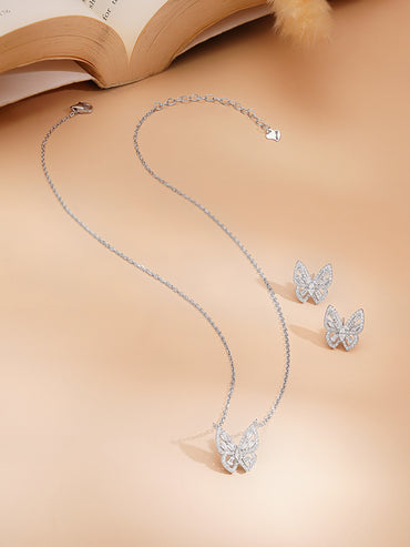 925 Fine Silver Rhodium Plated Cubic Zirconia Butterfly Pendant Necklace Set