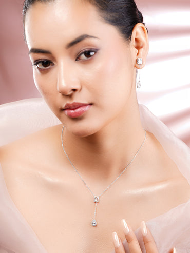 925 Fine Silver Rhodium Plated AD Drop Charm Necklace Set