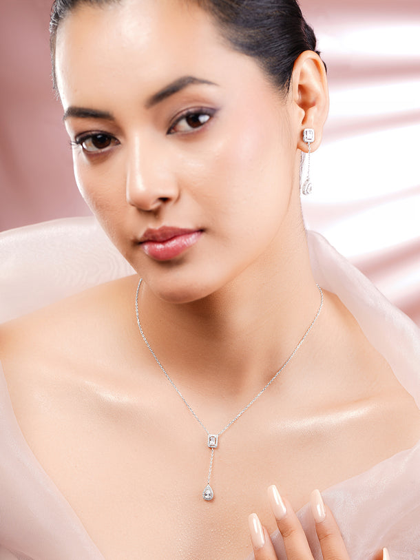 925 Fine Silver Rhodium Plated AD Drop Charm Necklace Set