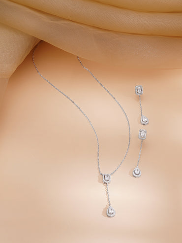 925 Fine Silver Rhodium Plated AD Drop Charm Necklace Set