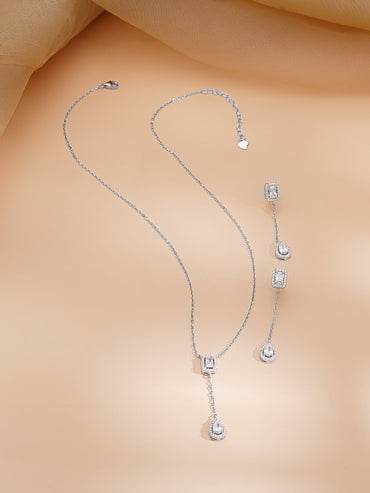 925 Fine Silver Rhodium Plated AD Drop Charm Necklace Set