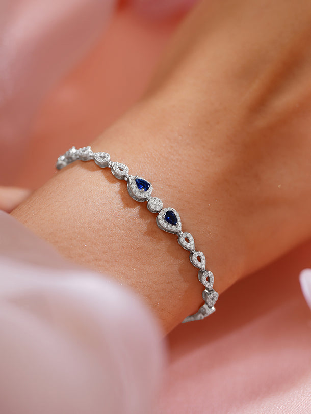 925 Fine Silver Rhodium Plated American Diamond Zirconia Blue Sapphire Bracelet