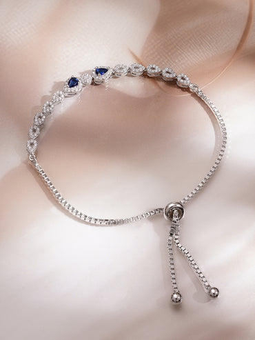 925 Fine Silver Rhodium Plated American Diamond Zirconia Blue Sapphire Bracelet