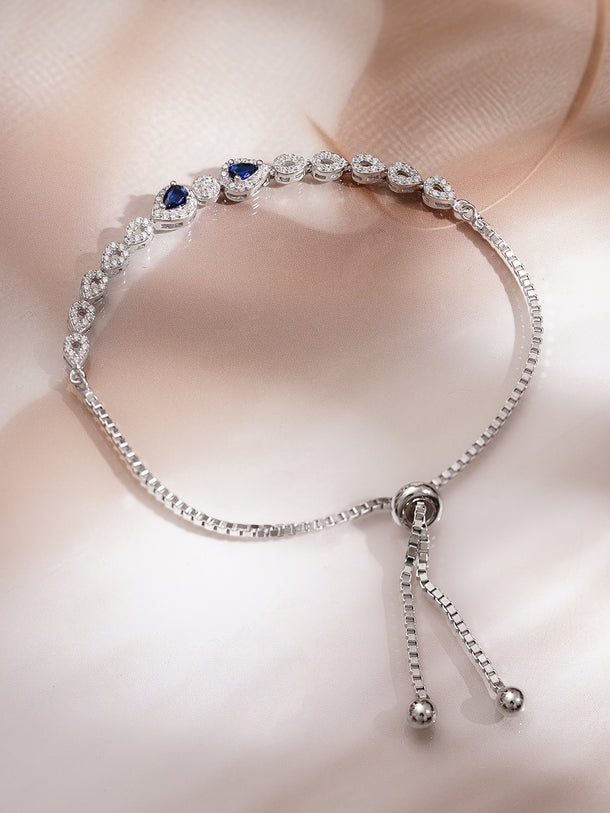 925 Fine Silver Rhodium Plated American Diamond Zirconia Blue Sapphire Bracelet