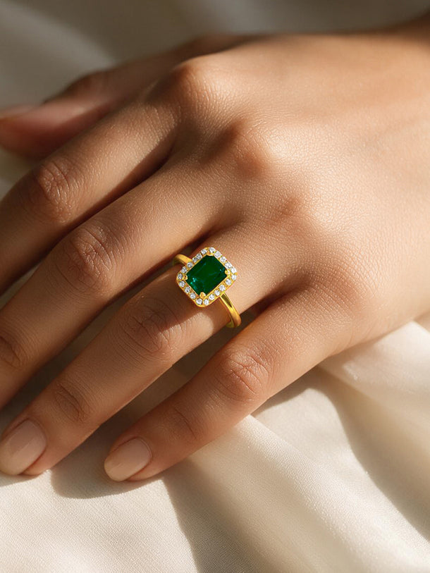 925 Fine Silver Gold Plated Green Emerald Cut Crystal Halo Ring
