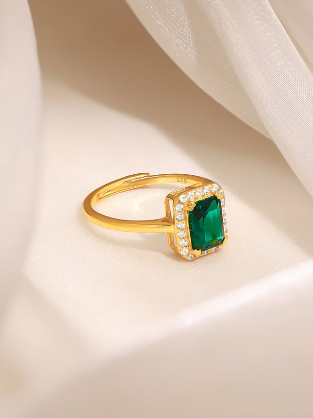 925 Fine Silver Gold Plated Green Emerald Cut Crystal Halo Ring