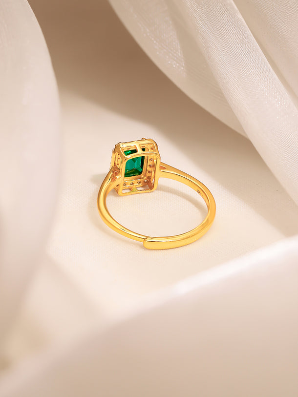 925 Fine Silver Gold Plated Green Emerald Cut Crystal Halo Ring