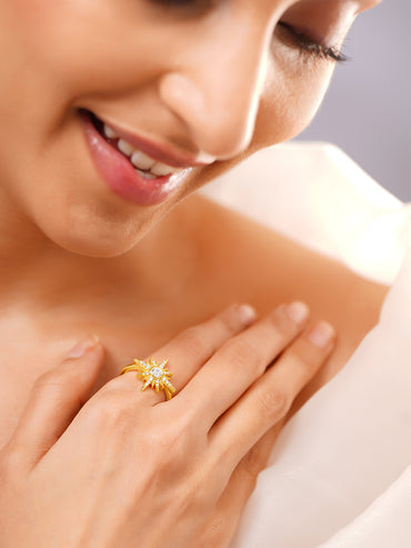 925 Fine Silver Gold Plated Crystal Sunburst Statement Ring