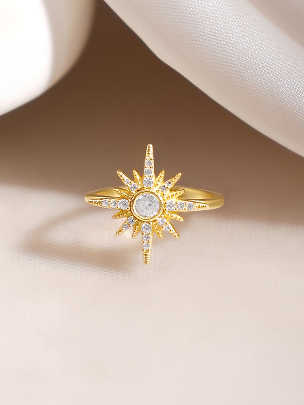 925 Fine Silver Gold Plated Crystal Sunburst Statement Ring